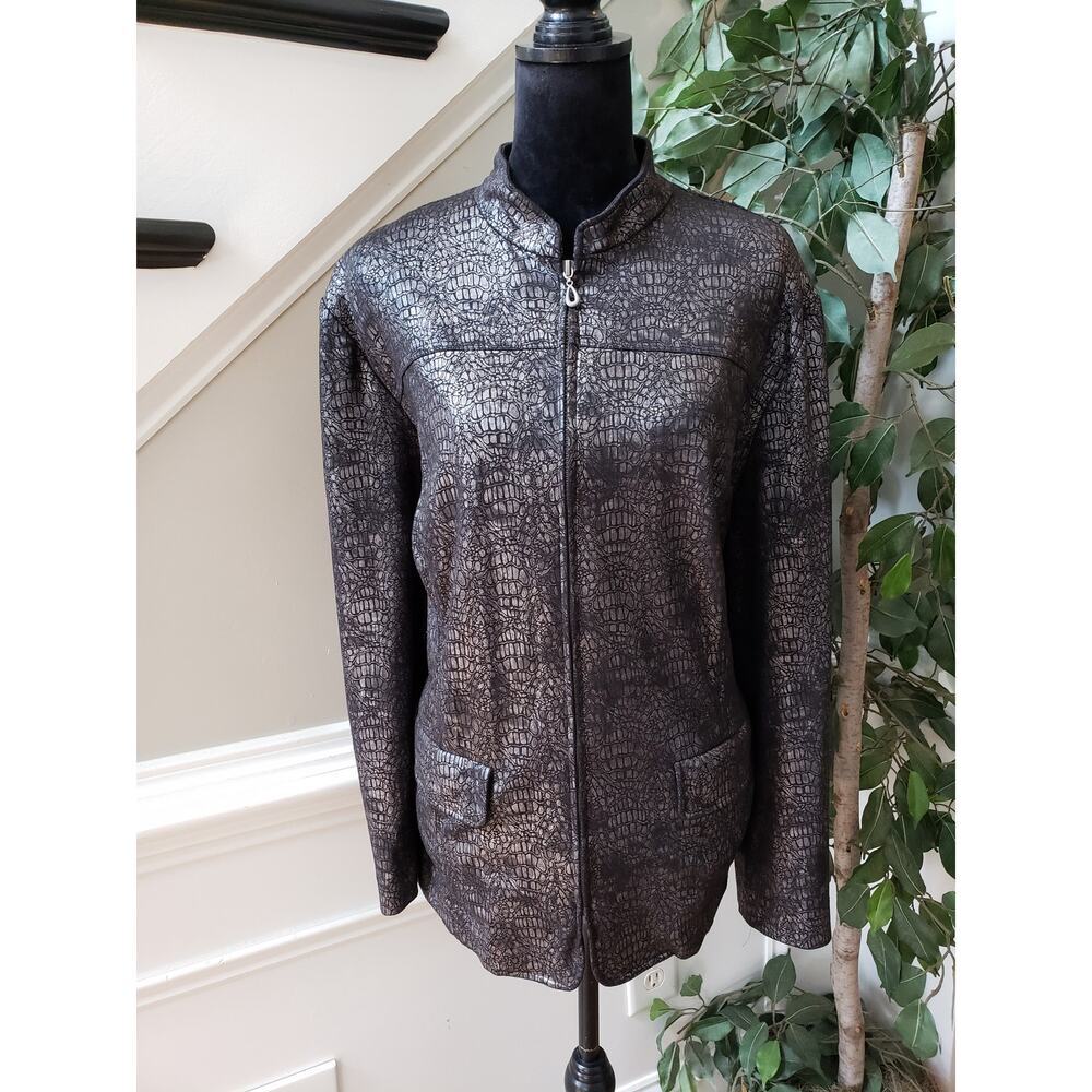 Alfred Dunner Womens Jacket Size Plus 18W Silver Black Reptile Snake Zip Front